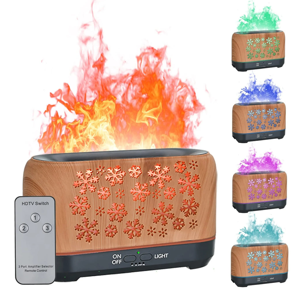 Colourful snowflake wood grain flame effect aromatherapy humidifier diffuser on a desktop with remote control.