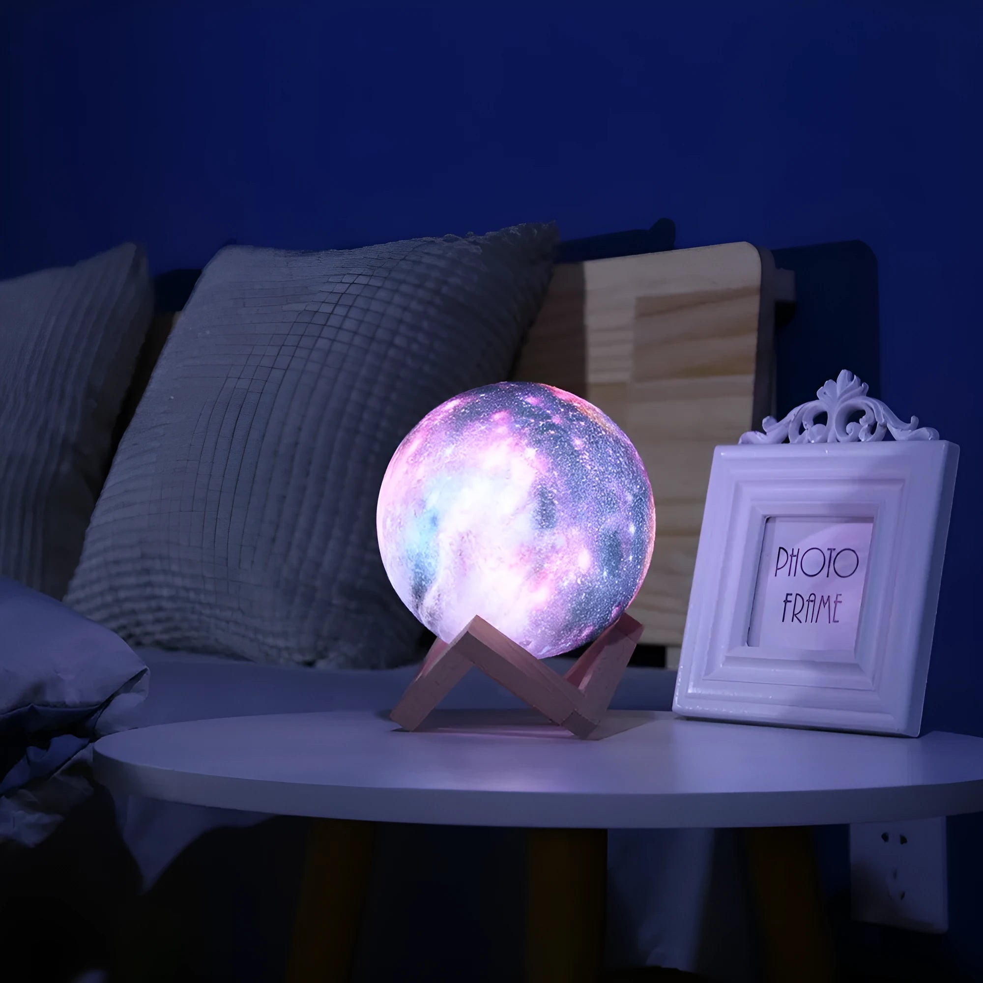 3D printed lunar light sphere with LED illumination in multiple colour modes
