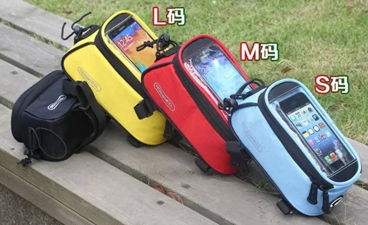 ROSWHEEL PVC bicycle frame bag for mobile phones in multiple colours mounted on a bike.