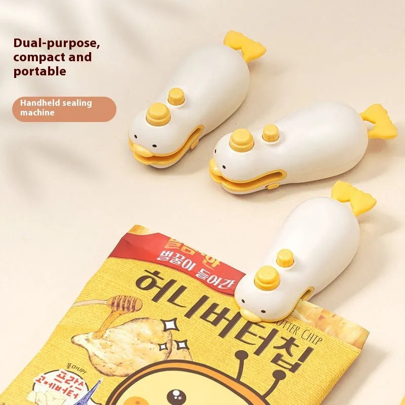 Small yellow duck themed rechargeable sealing machine with animal jacquard design and USB charging cable