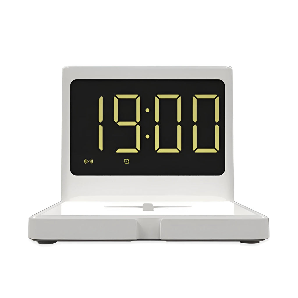 Clock-style wireless fast charger in black with dual USB outputs and Type-C interface, 115 x 107 x 91 mm