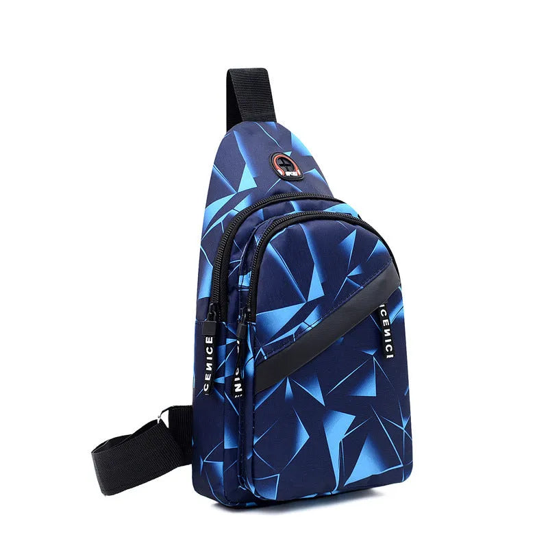 Men's crossbody messenger bag with earphone hole in Oxford cloth, showing zipper opening and shoulder strap