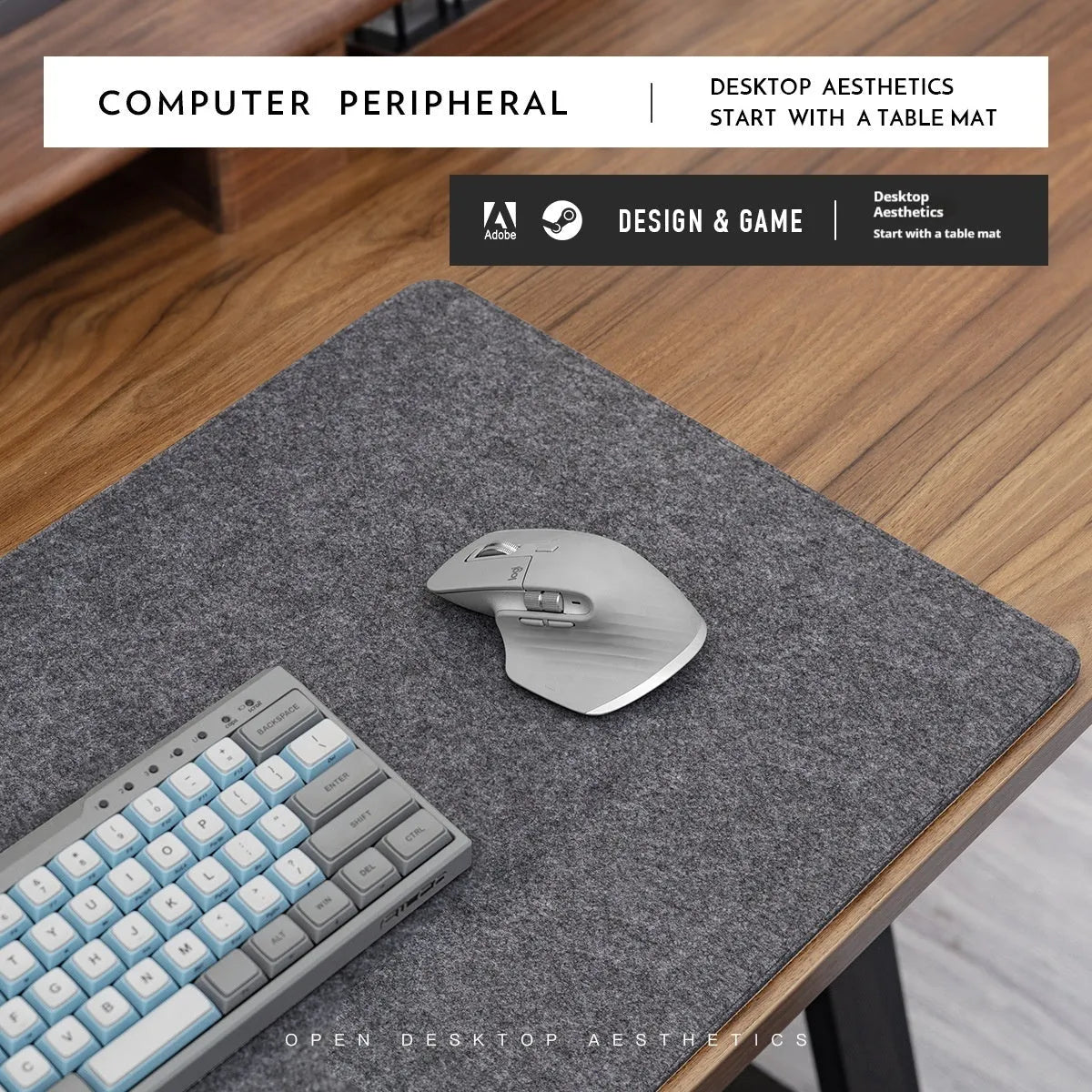 Simple grey felt and cork desk mat in an oversized rectangle shape on a wooden desk.