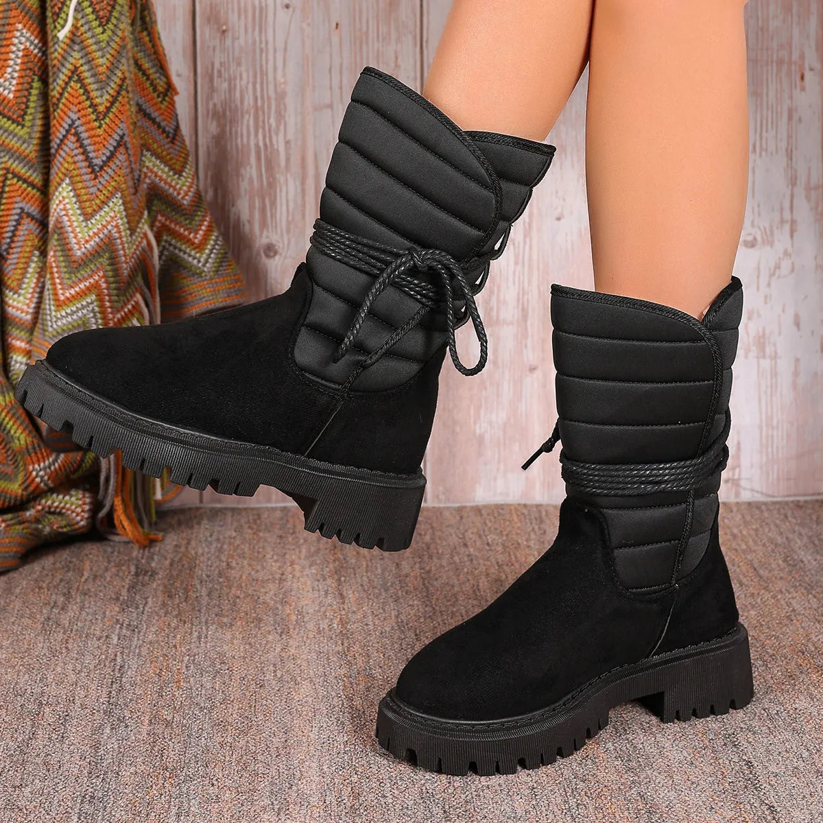 Women's black chunky heel snow boots with lace-up front and fleece lining on a white background.