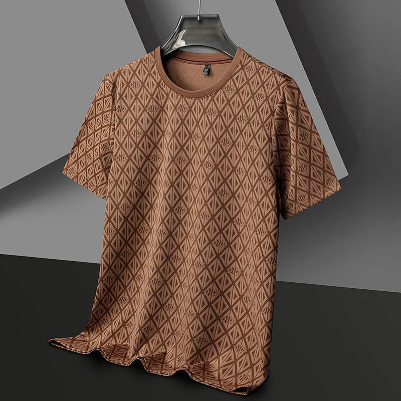 Men's black jacquard pattern short sleeve t-shirt showing loose fit and round neck design