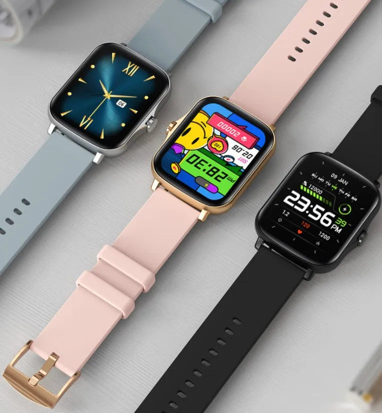 Smart watch with 1.7-inch colour touchscreen on adjustable strap in black, blue or gold