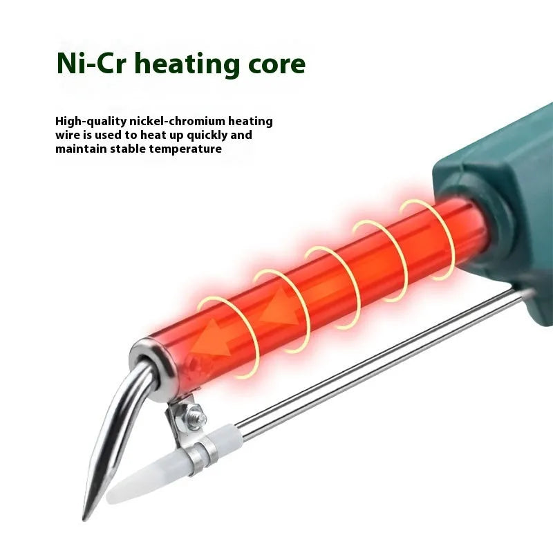 External heating handheld soldering gun with black plastic handle, stand, and accessories on workbench
