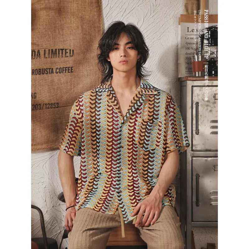 Japanese national style hollow jacquard short sleeve shirt with Cuban collar in grey or red