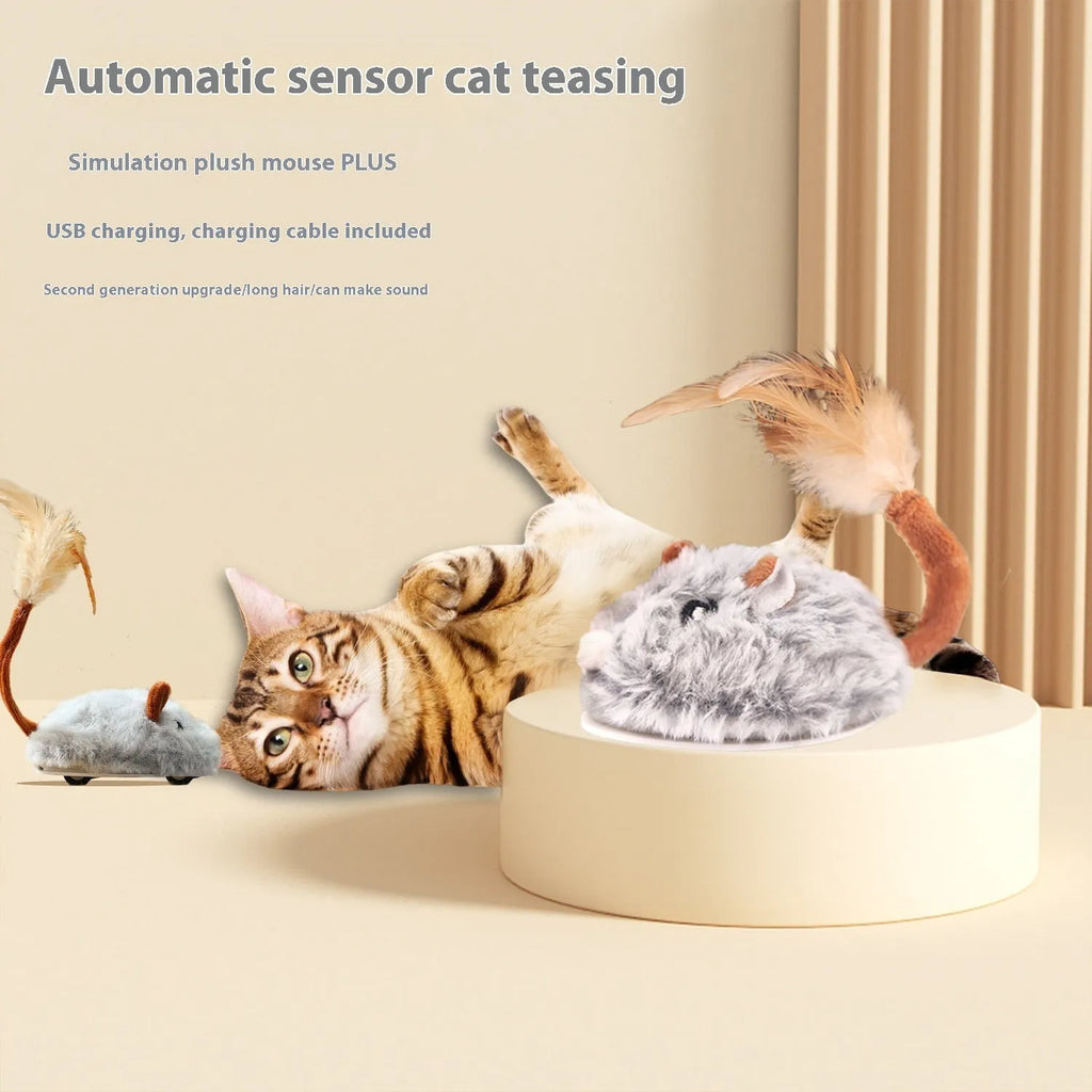 Electric self-moving cat toy with pink plush mouse attachment showing Type-C charging port