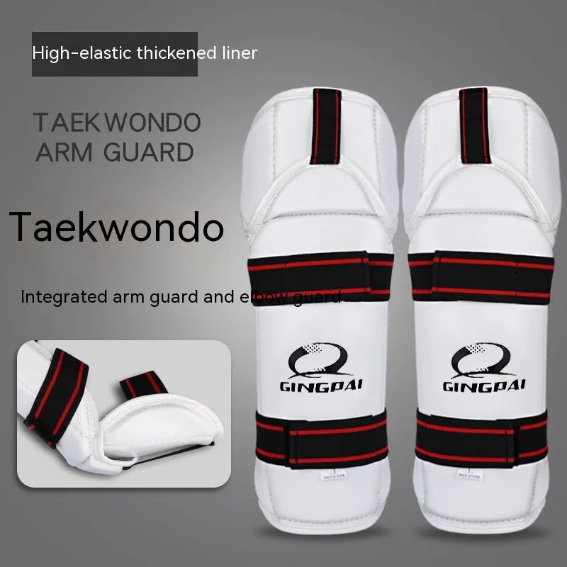 Taekwondo protective gear set showing arm guards, elbow arm guards, and leg protectors in PU EVA foam.