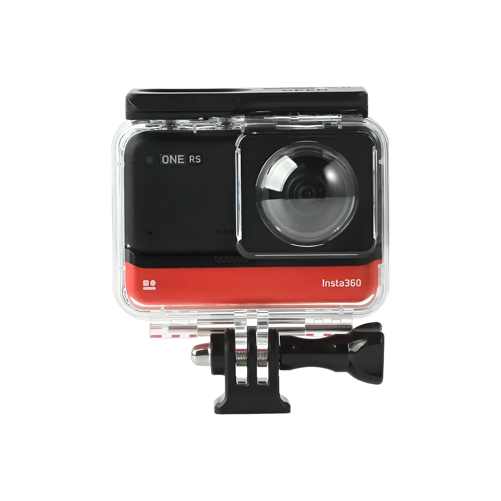 Transparent waterproof housing for Insta360 One RS panoramic camera showing dual lens protection