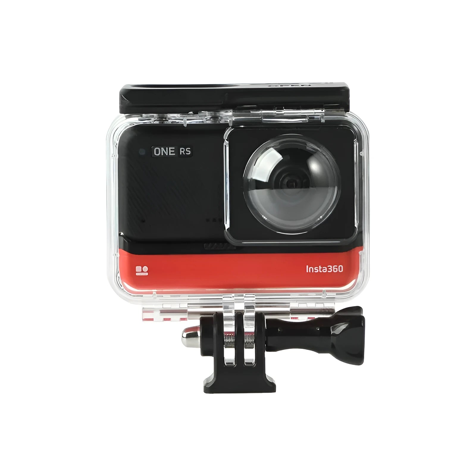 Transparent waterproof housing for Insta360 One RS panoramic camera showing dual lens protection