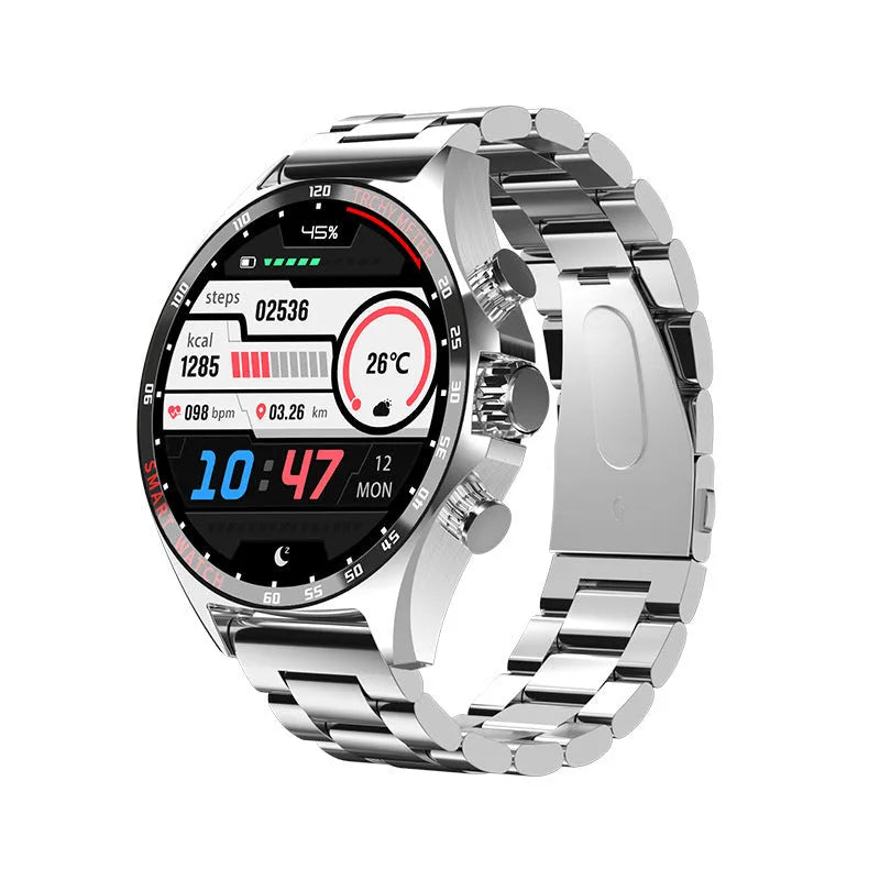 Smart watch with touchscreen display showing health metrics, available in black, silver, and gold colours