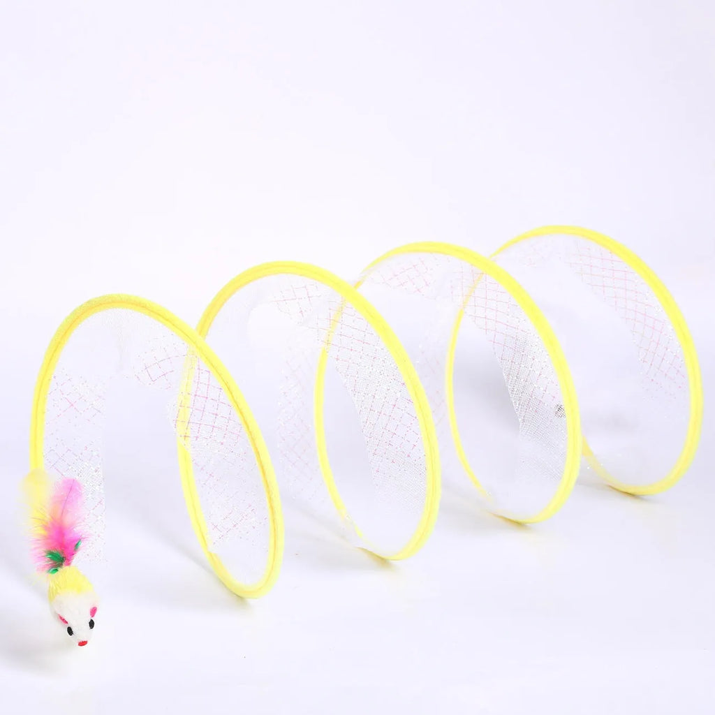 S-type cat tunnel toy with elastic net covering and feather, shown on a floor.