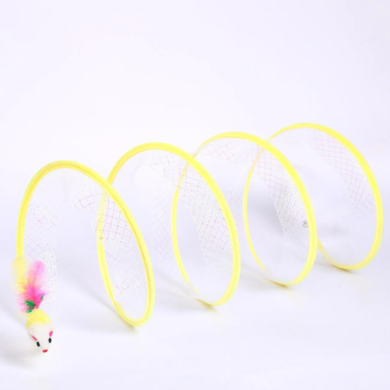 S-type cat tunnel toy with elastic net covering and feather, shown on a floor.