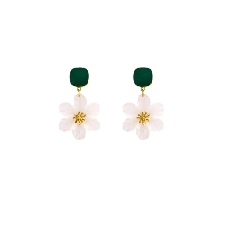 Dark green alloy drop earrings with floral needle flowers sweet filigree design