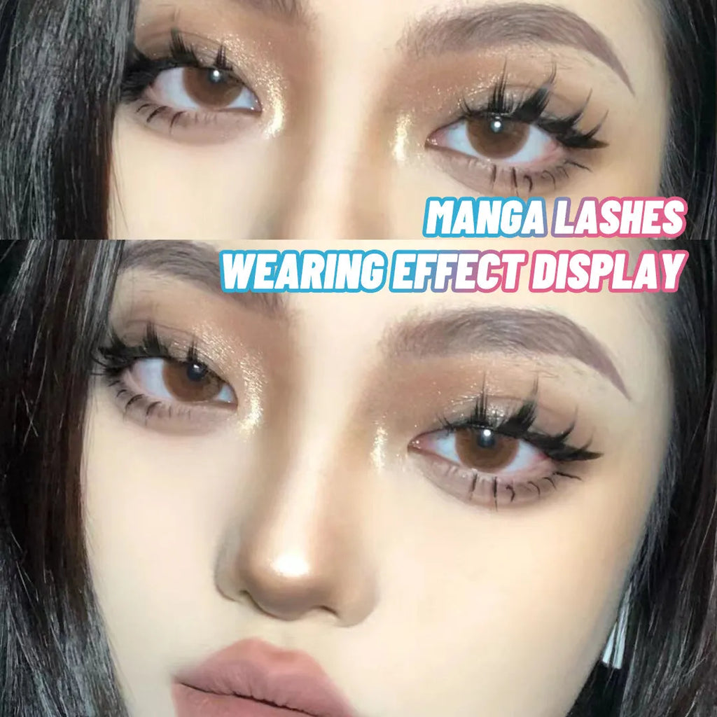 Set of three styles of black manga false eyelashes on plastic packaging