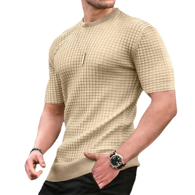 Men's round neck stretch casual trend polyester t-shirt in army green on a white background
