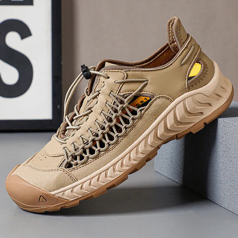 Men's hand-woven casual sandals in light grey with a closed toe and rubber sole.