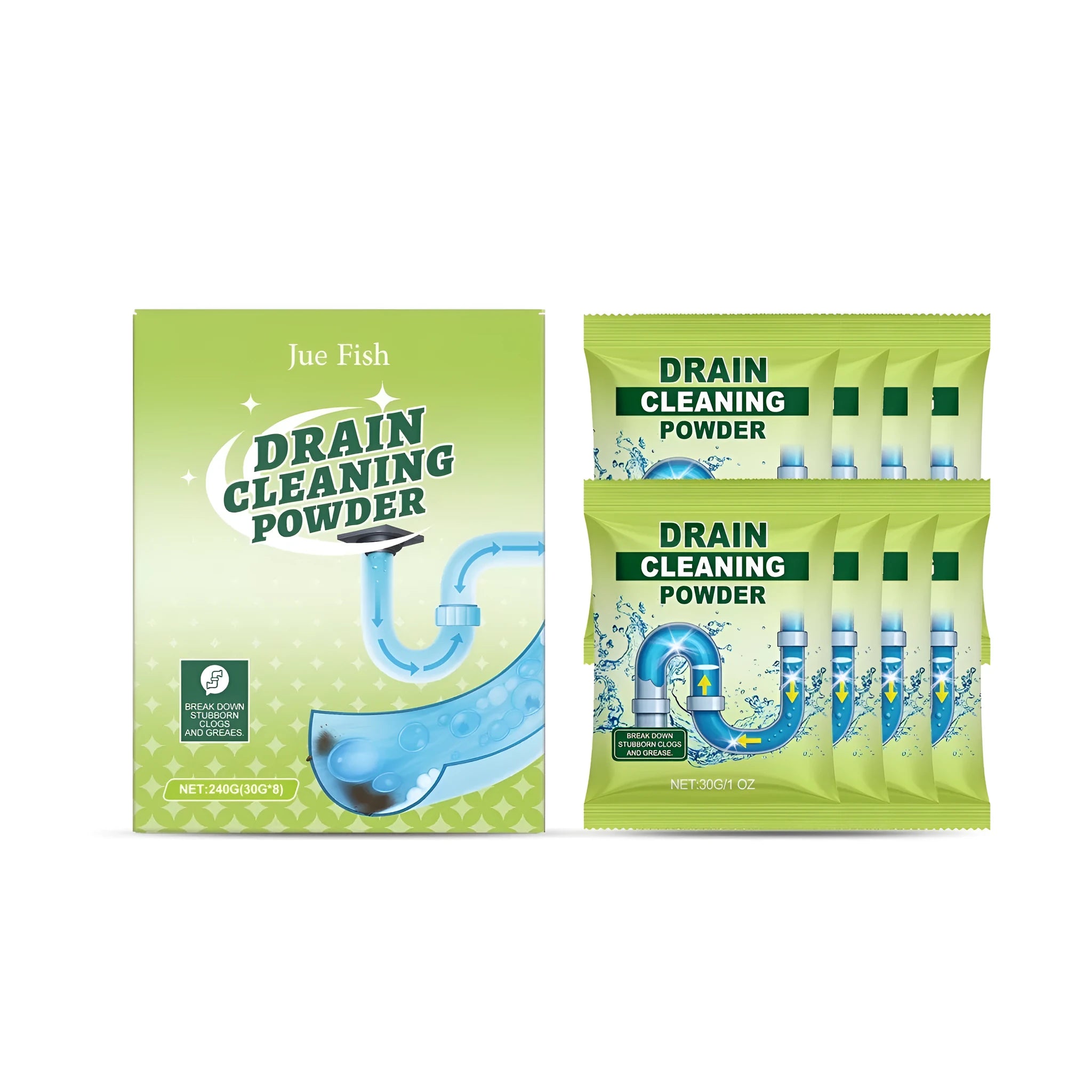 Drain cleaning powder 240g pack with eight 30g sodium hydroxide sachets