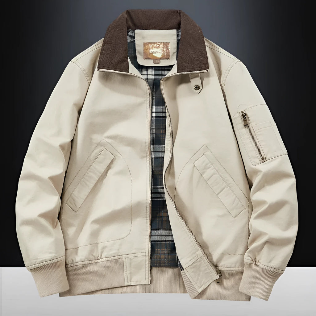 Men's washed cotton baseball flight jacket in plus sizes, shown in camel colour.