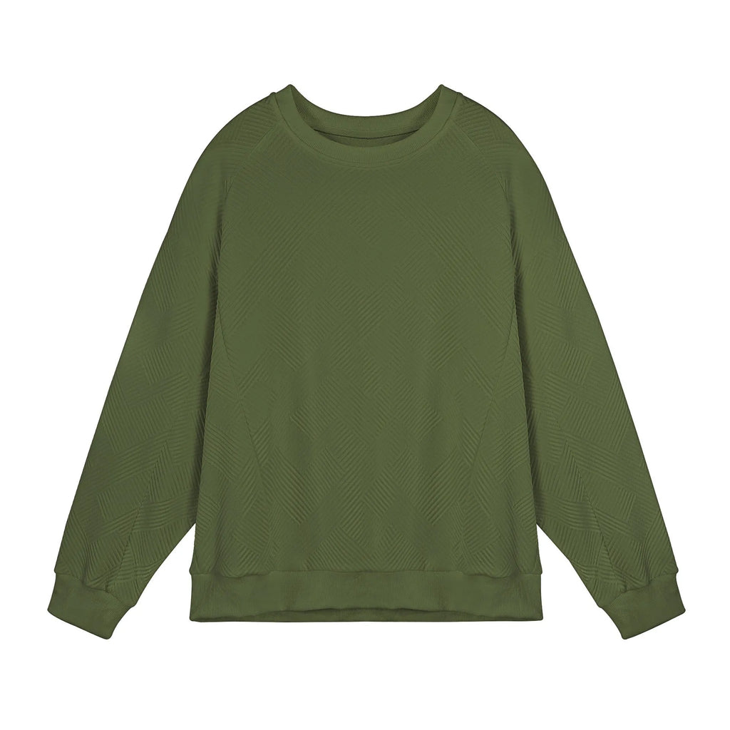 Men's solid colour twill jacquard long sleeve pullover sweater on a hanger.