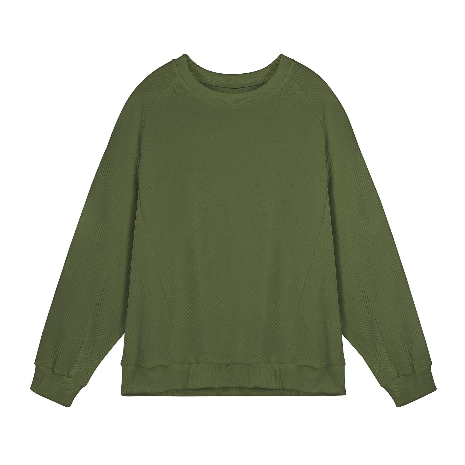 Men's solid colour twill jacquard long sleeve pullover sweater on a hanger.