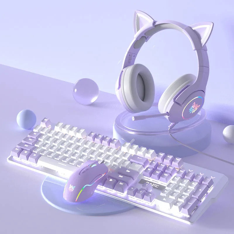 Purple mechanical keyboard and mouse gaming set with backlight and matching headphones