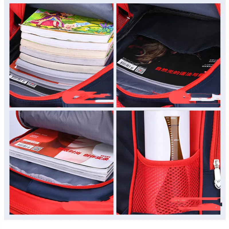 Blue children's backpack with anime cartoon print showing front compartment and shoulder straps