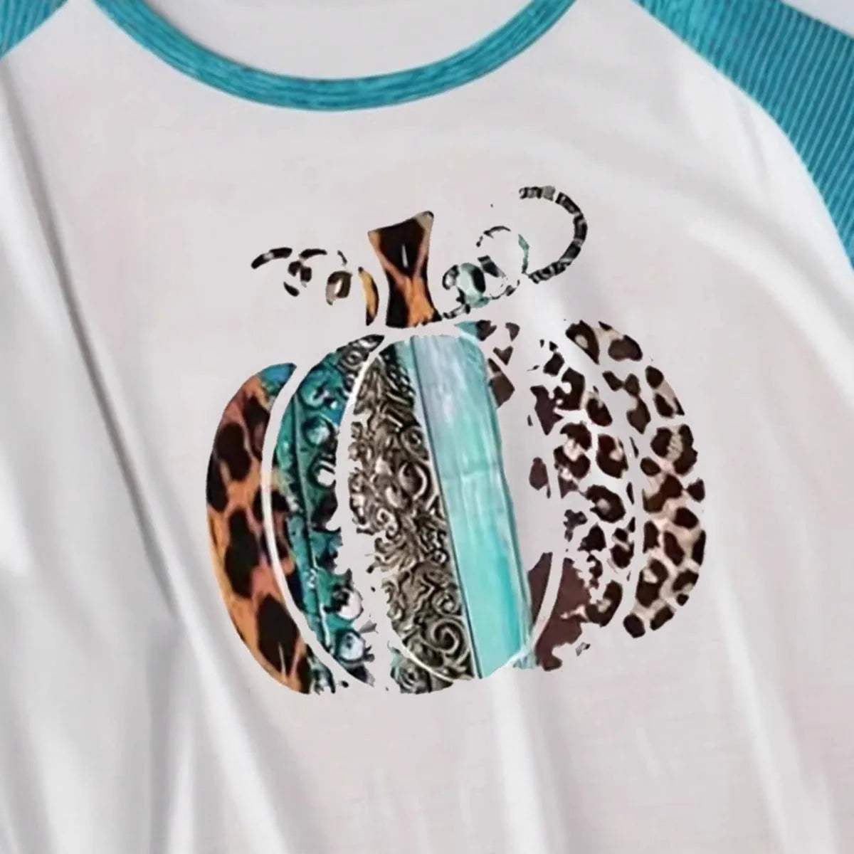 White Halloween t-shirt with 3D pumpkin print and sky blue colour in Japanese Korean casual style