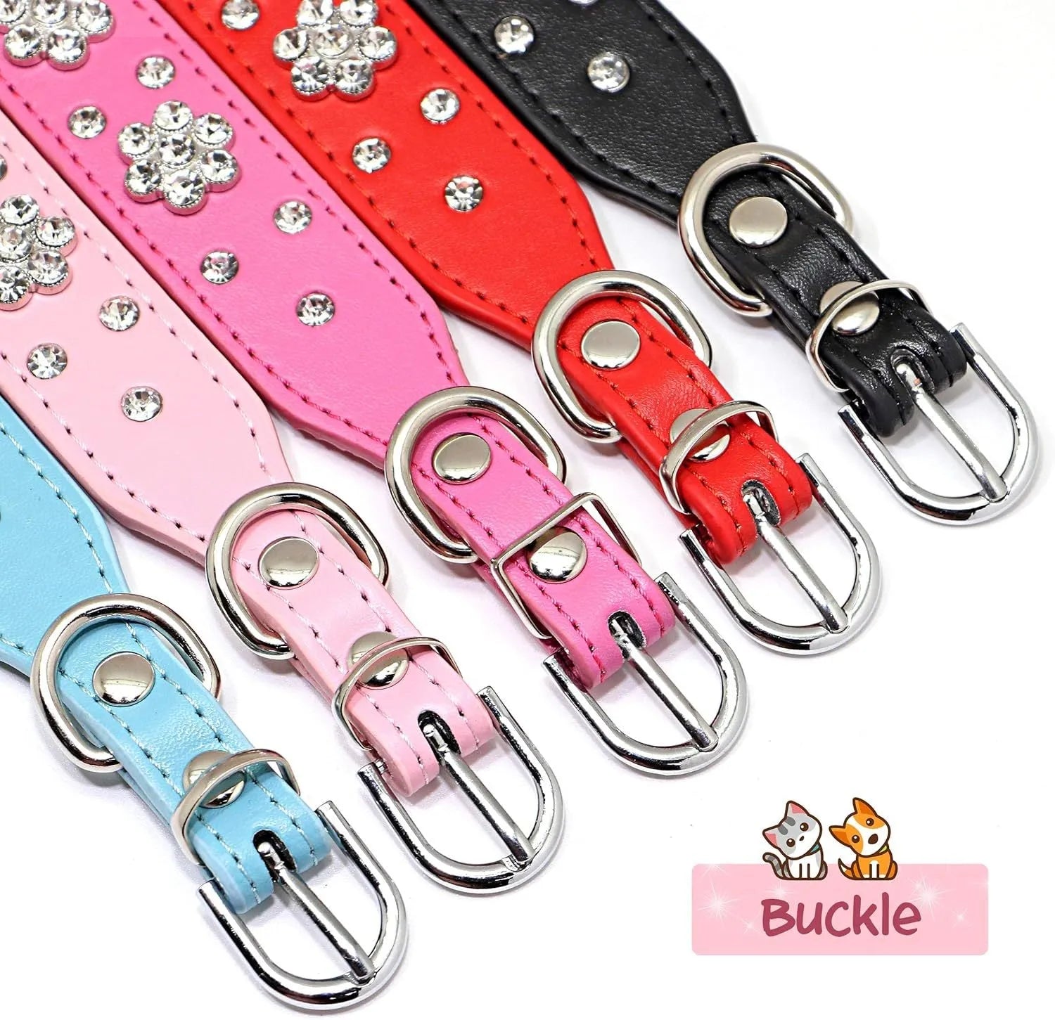 A pink PU leather dog collar studded with silver rhinestone flowers and a metal D-ring.