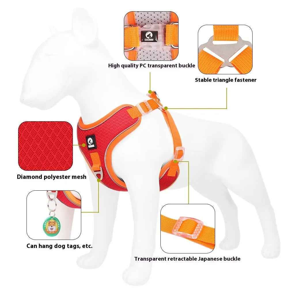 Adjustable breathable mesh dog harness with reflective piping in black, red, grey, or light purple