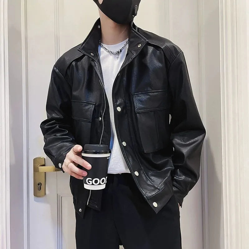 Men's black PU leather pilot jacket with side pockets and a straight hem.