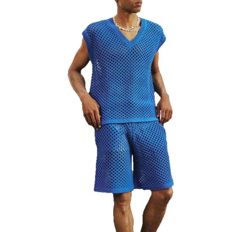 Men's blue knitted V-neck vest and matching shorts summer sports set