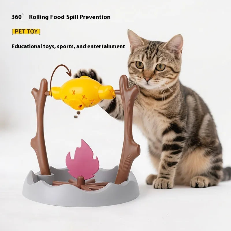 Tumbling cat food feeder toy with treats inside, showing 30cm dimensions