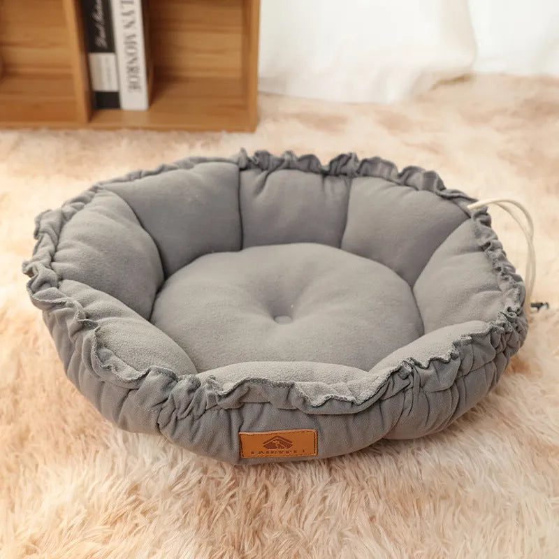 Grey and green reversible donut cat bed shown in small, medium, and large sizes