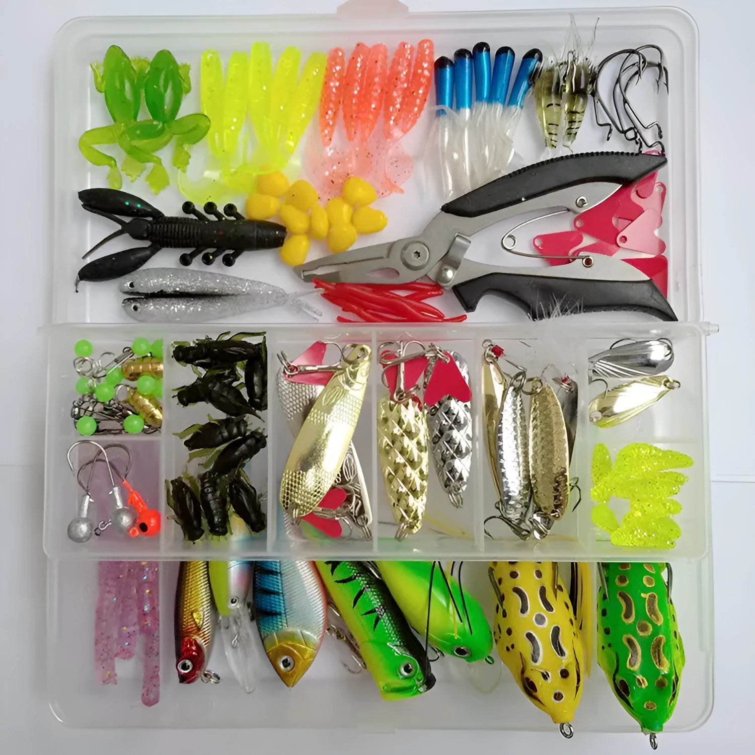 142-piece fishing lure set showing hard mino lures, sequins, hooks and fishing pliers in assorted colours
