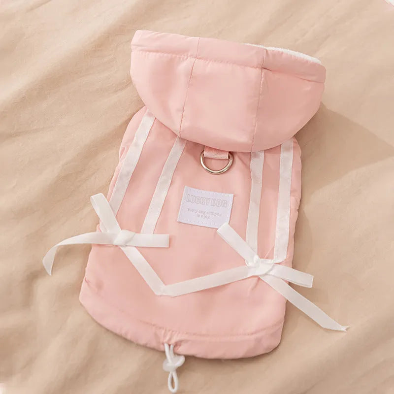 Winter fleece cat clothes with bow in pink, padded down jacket for small dogs and kittens