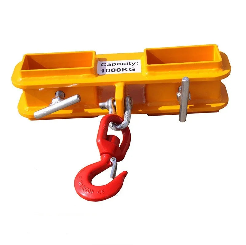 Iron forklift rotating drum hook with safety lock, showing the adjustable fork mounting bracket.