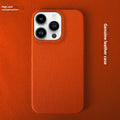 Genuine leather half pack phone case for iPhone 16 in orange colour with anti-fingerprint finish