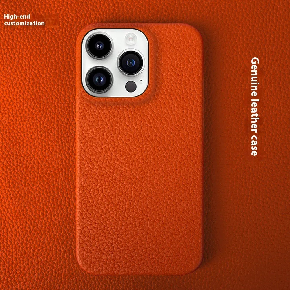 Genuine leather half pack phone case for iPhone 16 in orange colour with anti-fingerprint finish