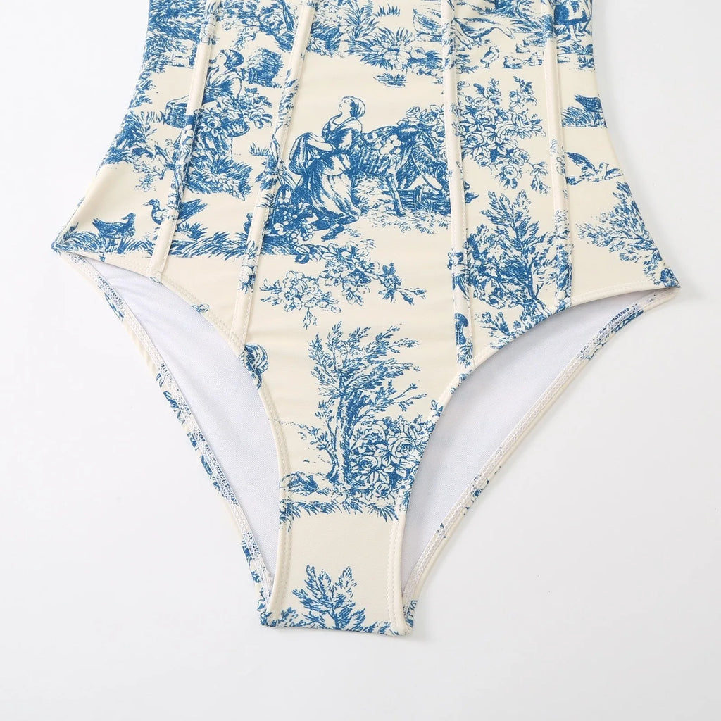 Blue one-piece swimsuit for women with an optional matching gauze skirt, shown in various sizes.