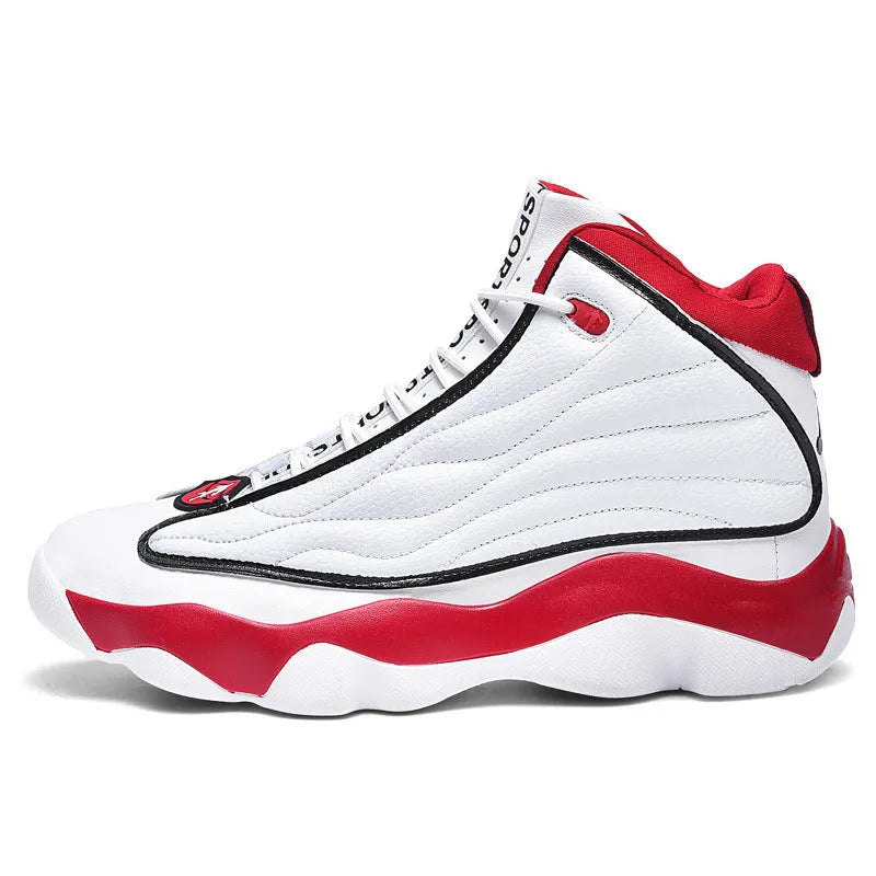 High-top basketball shoes with thick rubber sole and mesh upper in white red colourway