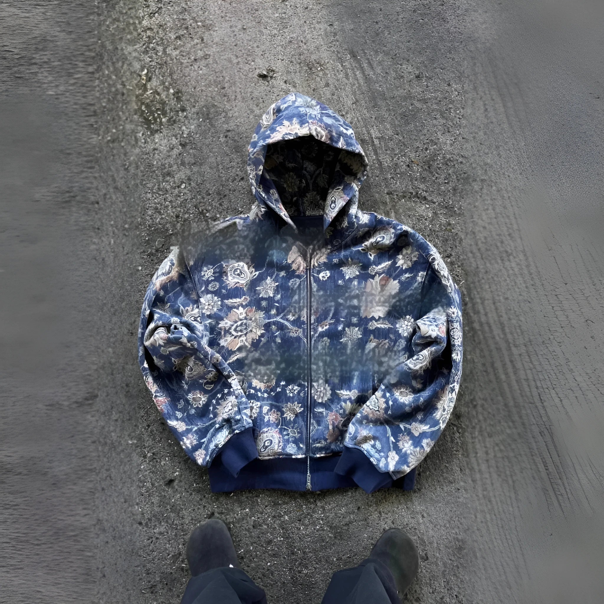 Man wearing a loose blue zip-up hooded coat for casual autumn wear.
