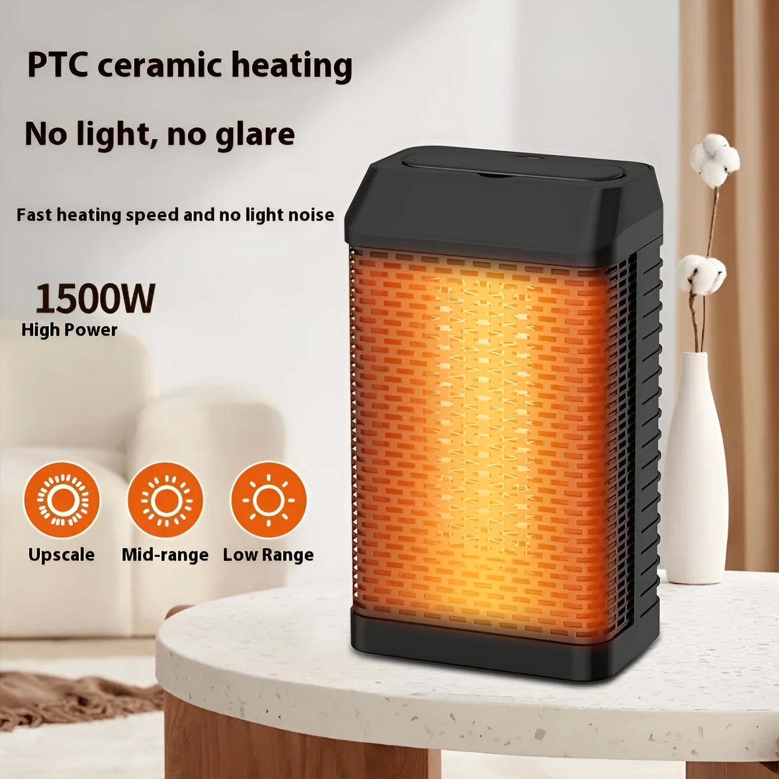 Black desktop smart heater with remote control, shaking head mechanism, and digital display
