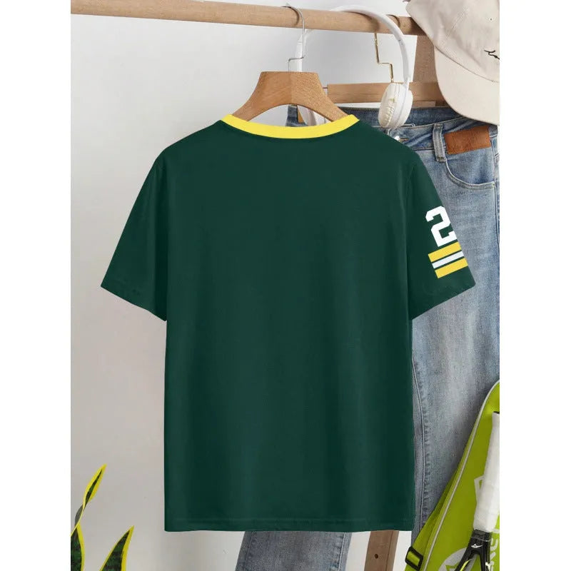 Red loose-fit cotton t-shirt with casual digital letter print and short sleeves.