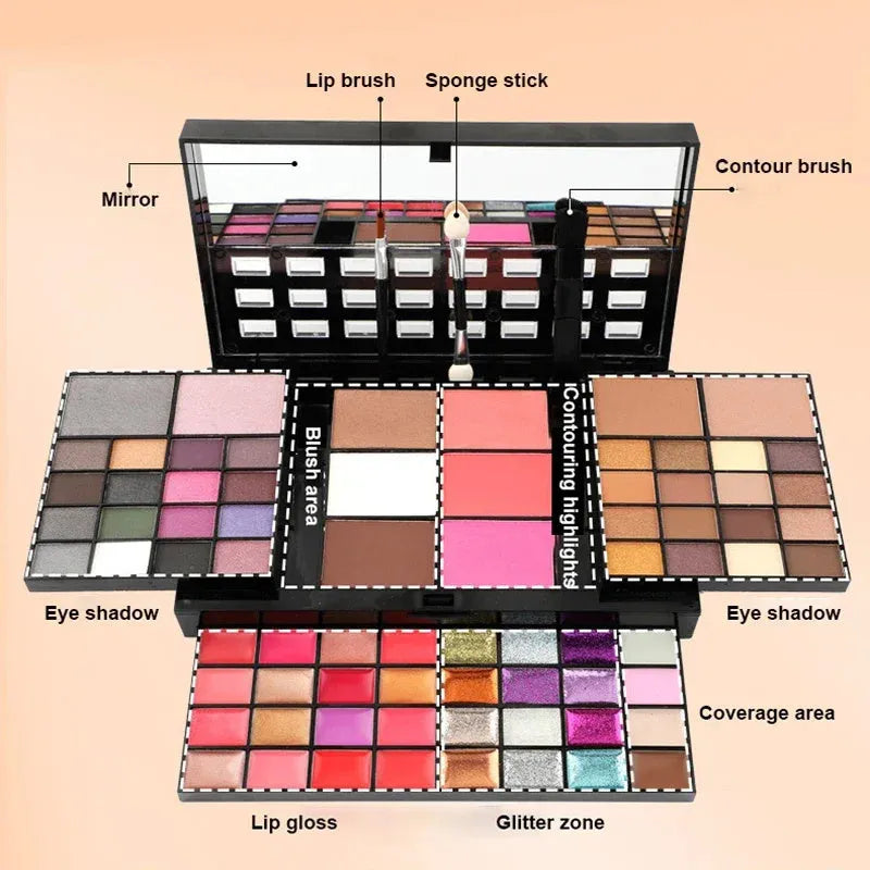 74 colour makeup palette open showing eyeshadow, lip gloss, blush and contour powders with brush and applicator