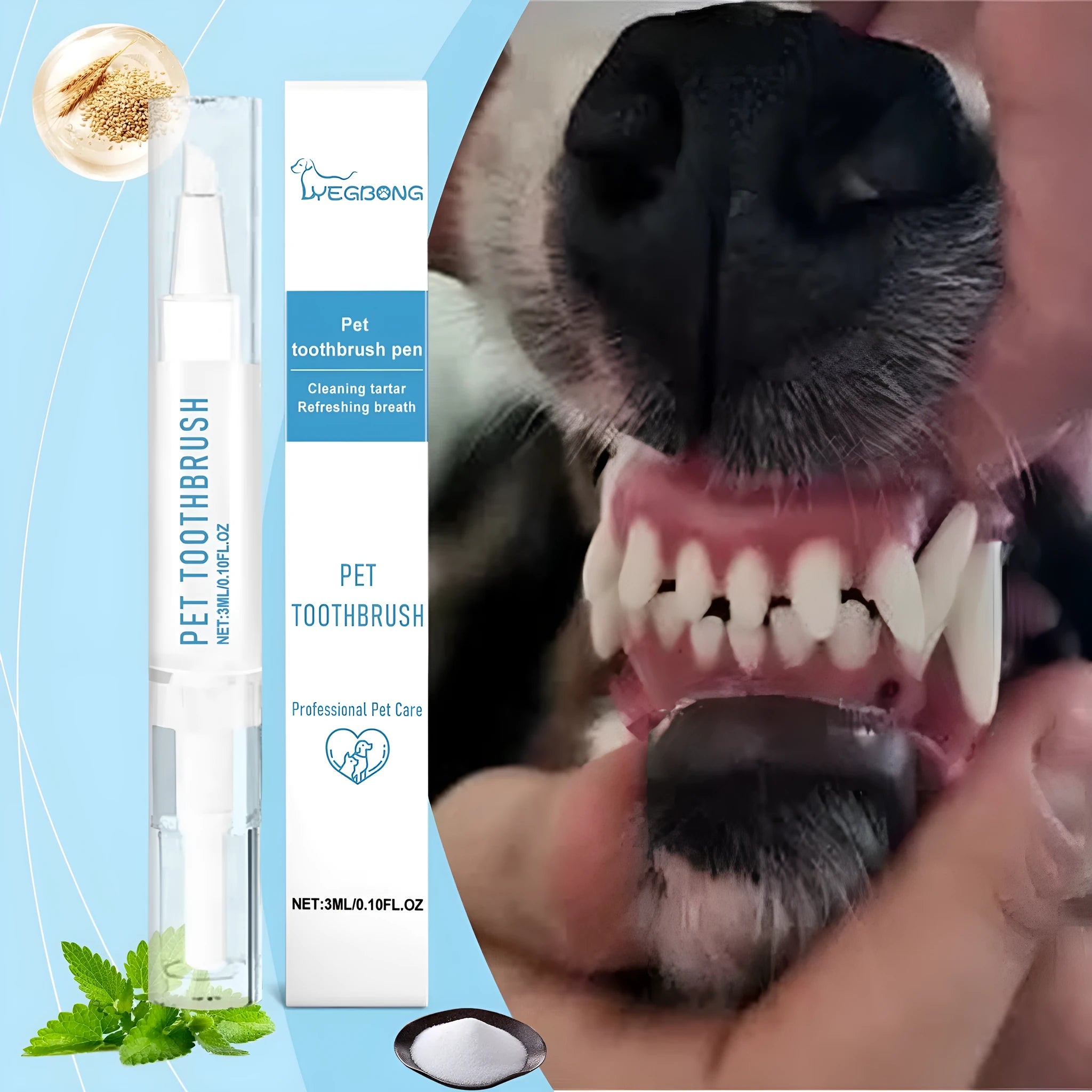 Soft bristle pet toothbrush pen with angled brush head and 3ml toothpaste gel for cats and dogs