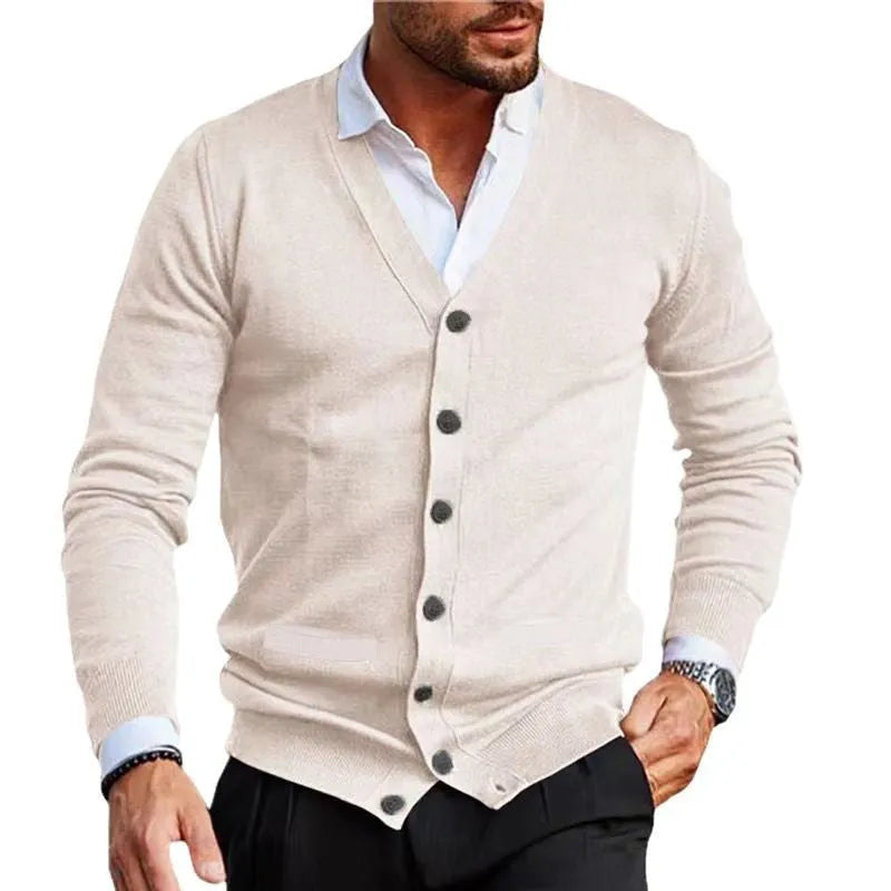 Men's slim-fit acrylic cardigan sweater in dark grey colour on a hanger