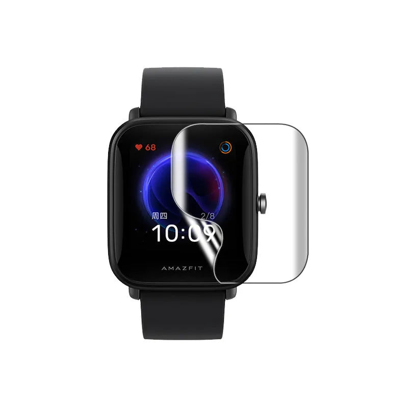 HD hydrogel screen protector film for Amazfit Bip smartwatch showing full coverage.